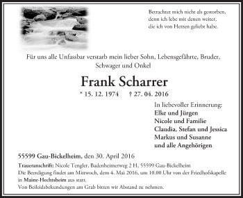 Traueranzeige von Frank Scharrer von  Allgemeine Zeitung Mainz