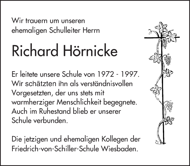  Traueranzeige für Richard Hörnicke vom 30.04.2016 aus  Wiesbaden komplett