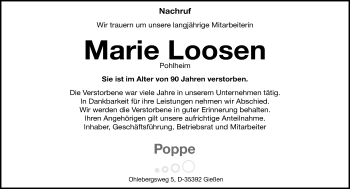 Traueranzeige von Marie Loosen von  Gießener Anzeiger