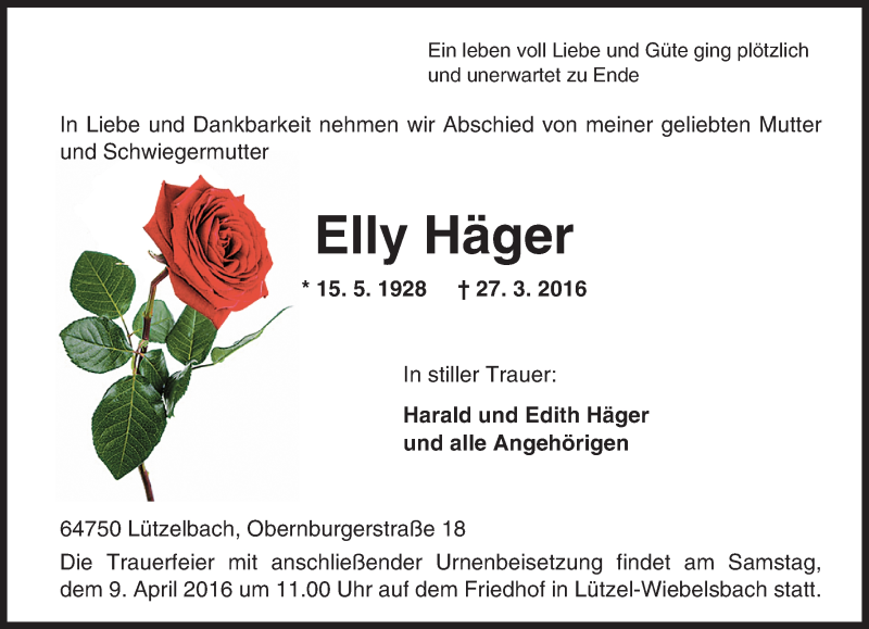  Traueranzeige für Elly Häger vom 05.04.2016 aus trauer.echo-online.de