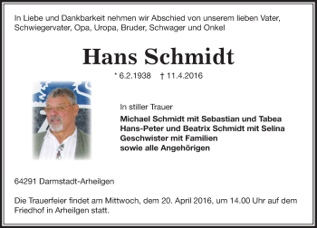 Traueranzeige von Hans Schmidt von trauer.echo-online.de