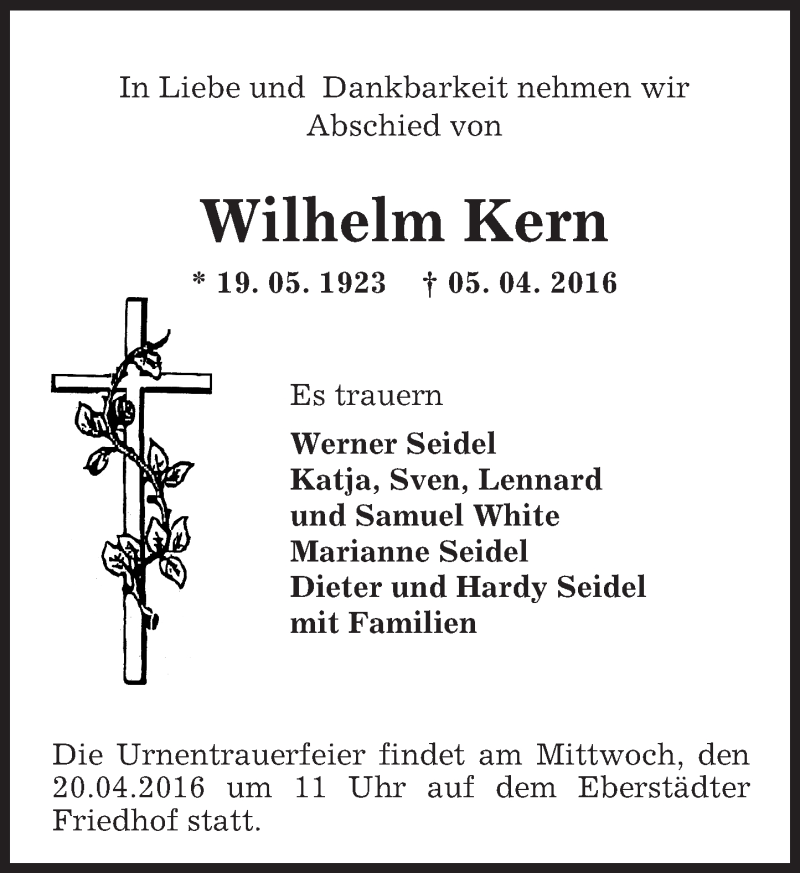  Traueranzeige für Wilhelm Kern vom 16.04.2016 aus trauer.echo-online.de