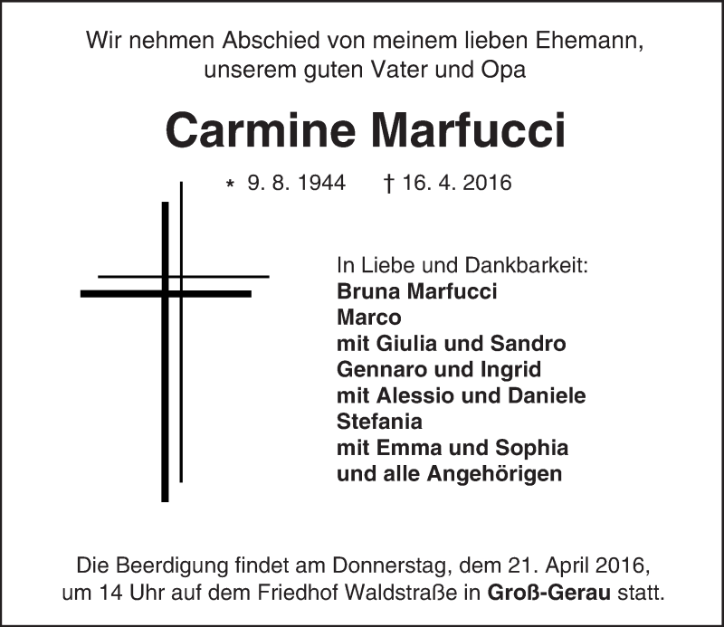  Traueranzeige für Carmine Marfucci vom 19.04.2016 aus trauer.echo-online.de