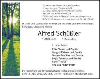 Traueranzeige von Alfred Schüßler von trauer.echo-online.de