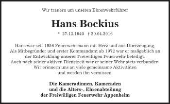 Traueranzeige von Hans Bockius von  Allgemeine  Zeitung Ingelheim-Bingen