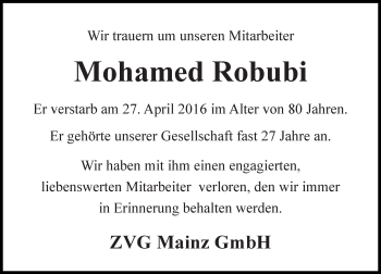 Traueranzeige von Mohamed Robubi von  Allgemeine Zeitung Mainz