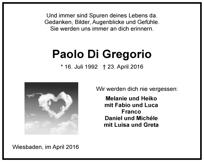  Traueranzeige für Paolo Di Gregorio vom 27.04.2016 aus  Wiesbaden komplett
