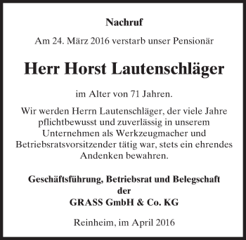 Traueranzeige von Horst Lautenschläger von trauer.echo-online.de