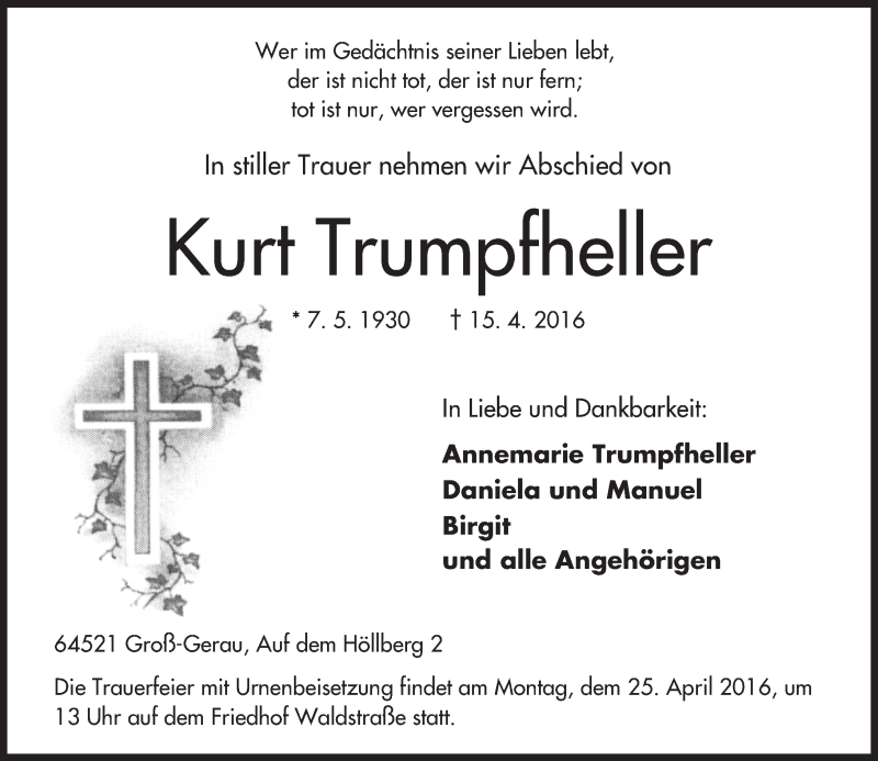  Traueranzeige für Kurt Trumpfheller vom 20.04.2016 aus trauer.echo-online.de