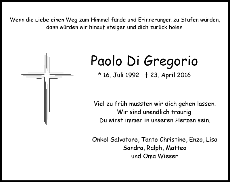  Traueranzeige für Paolo Di Gregorio vom 27.04.2016 aus  Wiesbaden komplett
