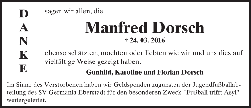  Traueranzeige für Manfred Dorsch vom 30.04.2016 aus Trauerportal Echo Online