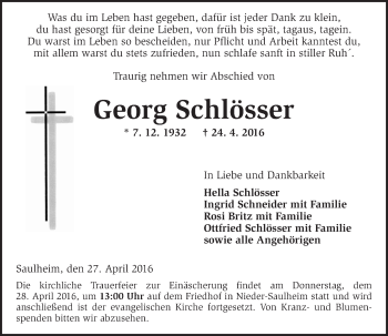 Traueranzeige von Georg Schlösser von  Allgemeine Zeitung Alzey