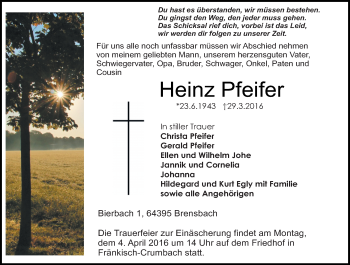 Traueranzeige von Heinz Pfeifer von trauer.echo-online.de