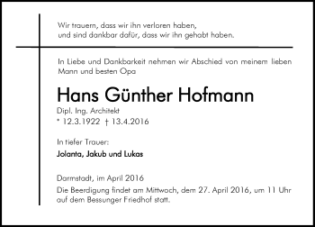Traueranzeige von Hans Günther Hofmann von trauer.echo-online.de