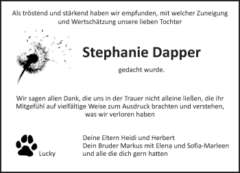 Traueranzeige von Stephanie Dapper von  Allgemeine Zeitung Mainz