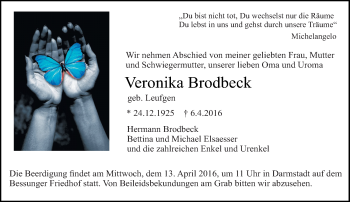 Traueranzeige von Veronika Brodbeck von trauer.echo-online.de