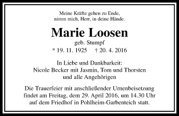 Traueranzeige von Marie Loosen von  Gießener Anzeiger