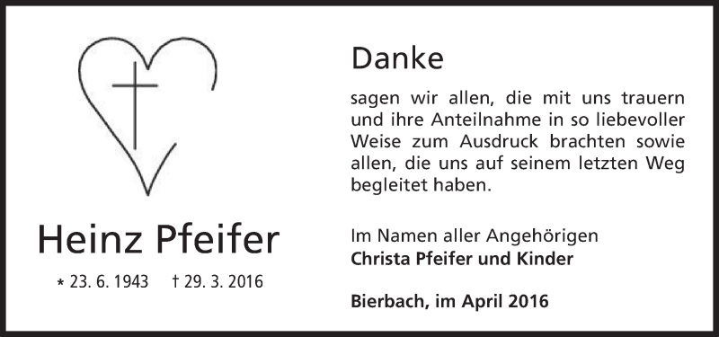  Traueranzeige für Heinz Pfeifer vom 30.04.2016 aus Trauerportal Echo Online