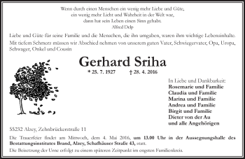 Traueranzeige von Gerhard Sriha von  Allgemeine Zeitung Alzey