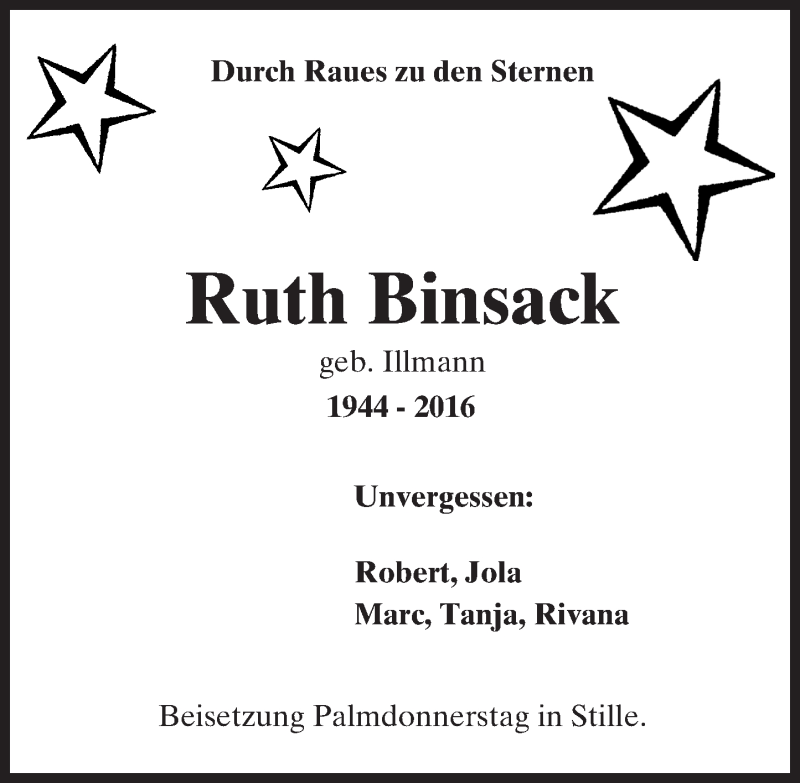  Traueranzeige für Ruth Binsack vom 02.04.2016 aus trauer.echo-online.de