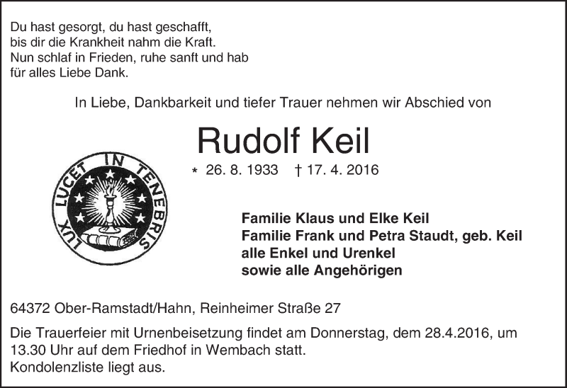  Traueranzeige für Rudolf Keil vom 23.04.2016 aus trauer.echo-online.de