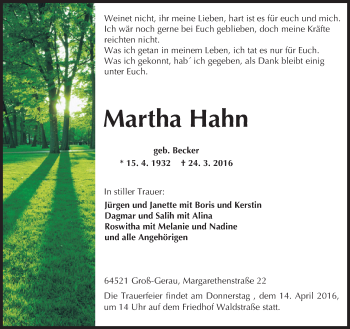 Traueranzeige von Martha Hahn von trauer.echo-online.de
