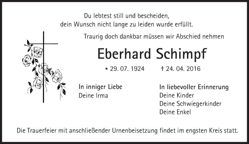  Traueranzeige für Eberhard Schimpf vom 27.04.2016 aus Trauerportal Echo Online
