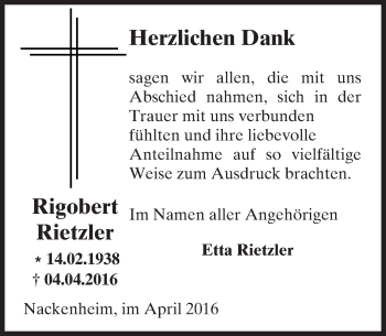 Traueranzeige von Rigobert Rietzler von  Allgemeine Zeitung Mainz