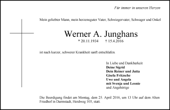 Traueranzeige von Werner A. Junghans von trauer.echo-online.de