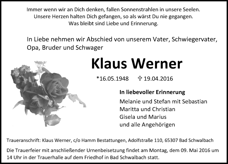  Traueranzeige für Klaus Werner vom 30.04.2016 aus  Wiesbaden komplett