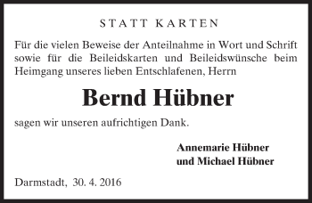 Traueranzeige von Bernd Hübner von Trauerportal Echo Online