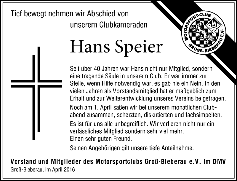  Traueranzeige für Hans Speier vom 13.04.2016 aus trauer.echo-online.de