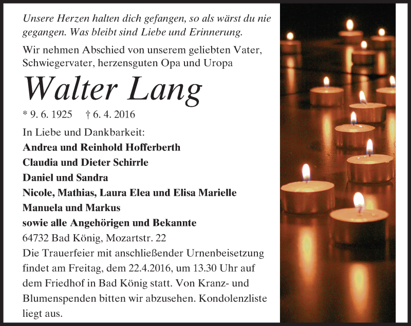  Traueranzeige für Walter Lang vom 20.04.2016 aus trauer.echo-online.de