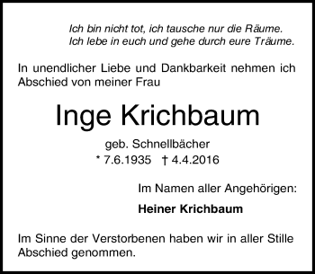 Traueranzeige von Inge Krichbaum von trauer.echo-online.de