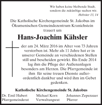 Traueranzeige von Hans-Joachim Kähsler von trauer.echo-online.de