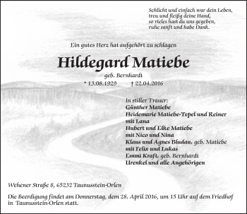 Traueranzeige von Hildegard Matiebe von  Wiesbaden komplett