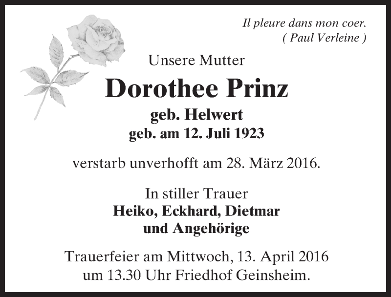  Traueranzeige für Dorothee Prinz vom 09.04.2016 aus trauer.echo-online.de
