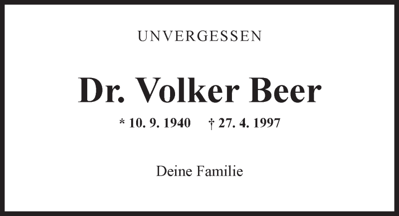  Traueranzeige für Volker Beer vom 27.04.2016 aus  Allgemeine Zeitung Mainz