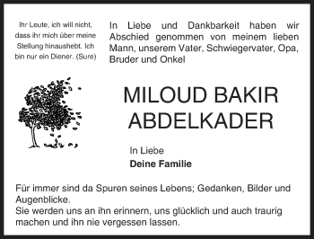 Traueranzeige von Miloud Bakir Abdelkader von trauer.echo-online.de