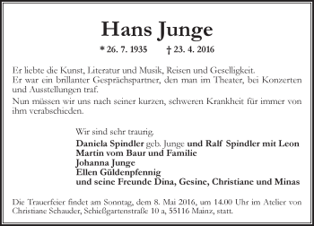 Traueranzeige von Hans Junge von  Allgemeine Zeitung Mainz