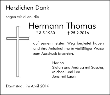 Traueranzeige von Hermann Thomas von trauer.echo-online.de
