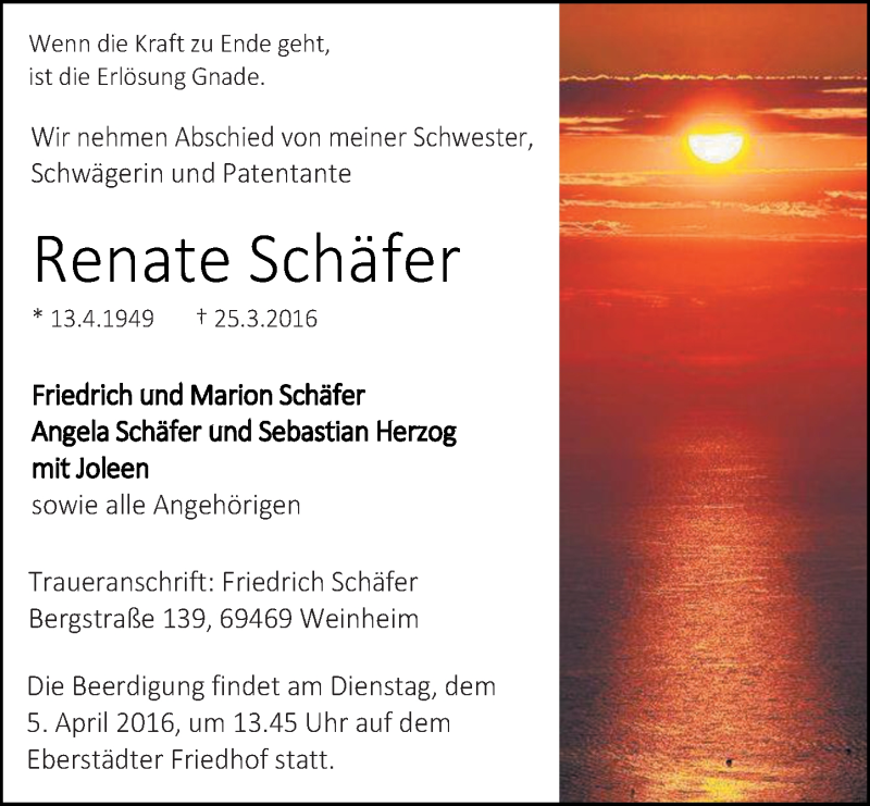  Traueranzeige für Renate Schäfer vom 02.04.2016 aus trauer.echo-online.de