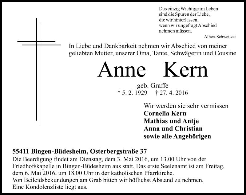  Traueranzeige für Anne Kern vom 30.04.2016 aus  Allgemeine  Zeitung Ingelheim-Bingen