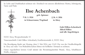 Traueranzeige von Ilse Achenbach von  Allgemeine Zeitung Alzey