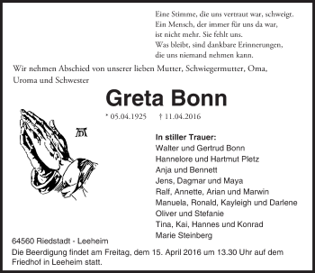 Traueranzeige von Greta Bonn von trauer.echo-online.de