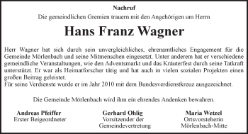 Traueranzeige von Hans Franz Wagner von trauer.echo-online.de
