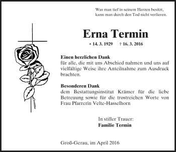 Traueranzeige von Erna Termin von trauer.echo-online.de