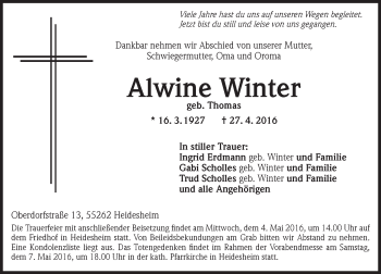 Traueranzeige von Alwine Winter von  Allgemeine Zeitung Mainz