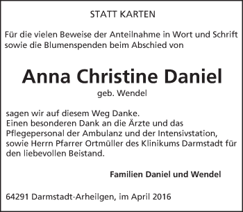 Traueranzeige von Anna Christine Daniel von trauer.echo-online.de