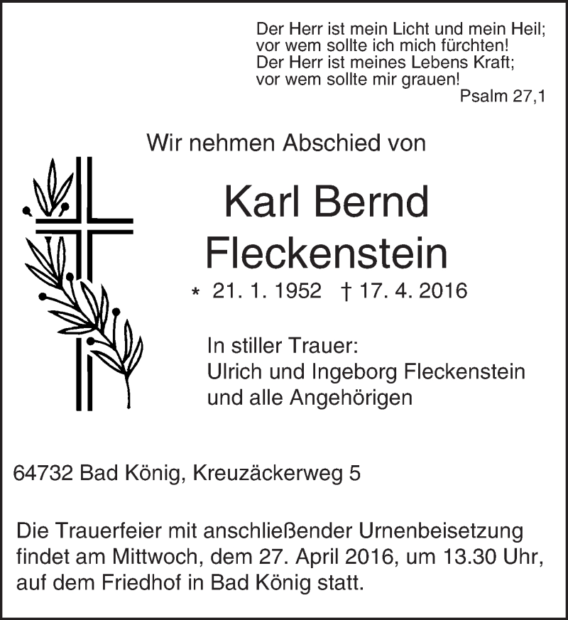  Traueranzeige für Karl Bernd Fleckenstein vom 25.04.2016 aus trauer.echo-online.de